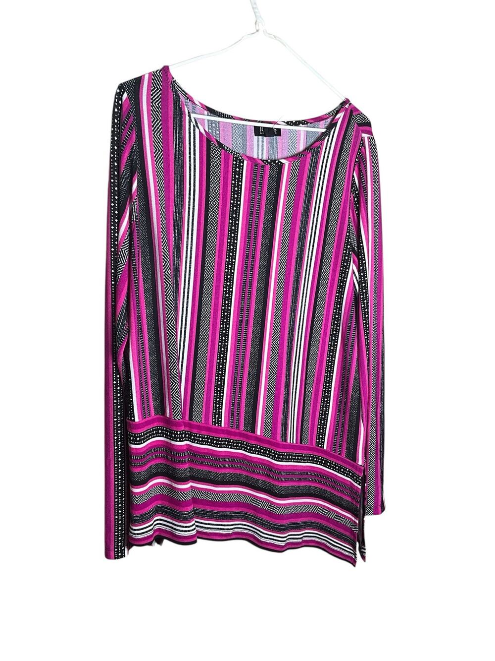 Jones New York Blouse Top Women's Large Purple Black Asymmetrical Hem Round Neck